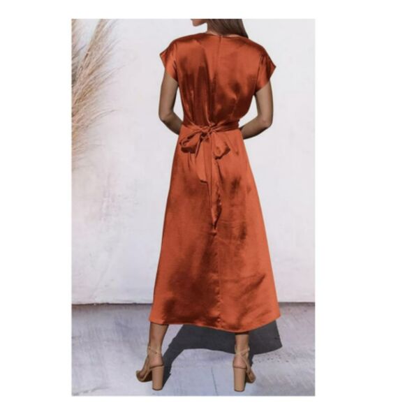 15 Rust Satin Midi Dress | Elegant Pleated Twist Waist Party Dress - Picture 4 of 4